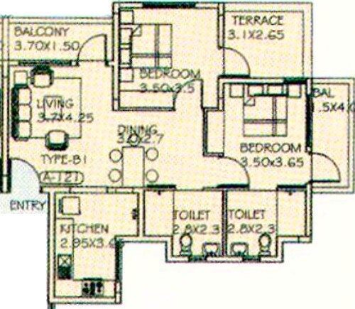 Floor plan of 2 BHK 1325 Sq. Ft. Apartment in Paranjape Schemes Athashri, Bangalore