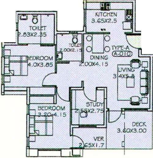 Floor plan of 2 BHK 1479 Sq. Ft. Apartment in Paranjape Schemes Athashri, Bangalore