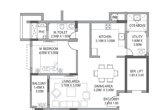 Floor plan of 1 BHK 880 Sq. Ft. Apartment in Paranjape Wind Fields, Bangalore