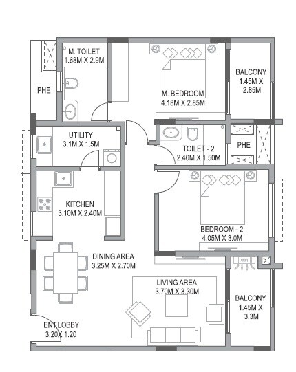 Floor plan of 2 BHK 1131 Sq. Ft. Apartment in Paranjape Wind Fields, Bangalore