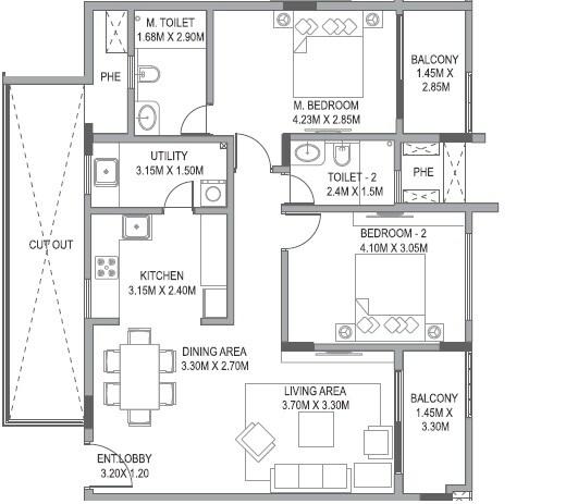 Floor plan of 2 BHK 1554 Sq. Ft. Apartment in Paranjape Wind Fields, Bangalore