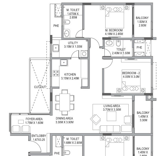 Floor plan of 2 BHK 1645 Sq. Ft. Apartment in Paranjape Wind Fields, Bangalore