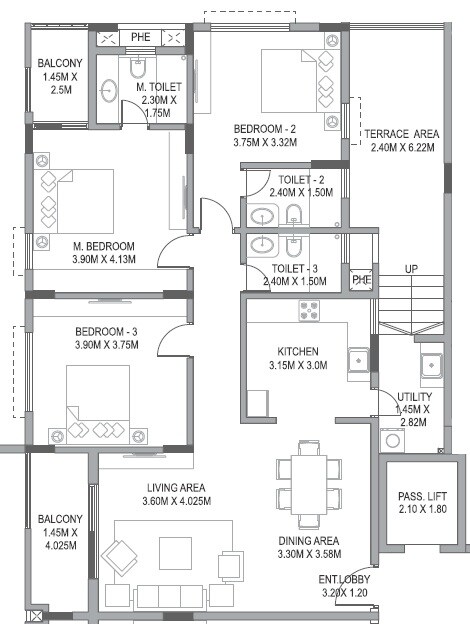 Floor plan of 3 BHK 1834 Sq. Ft. Apartment in Paranjape Wind Fields, Bangalore