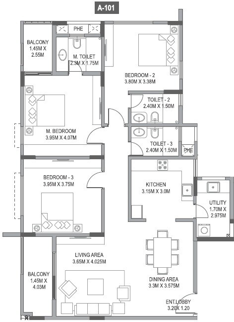 Floor plan of 3 BHK 2068 Sq. Ft. Apartment in Paranjape Wind Fields, Bangalore