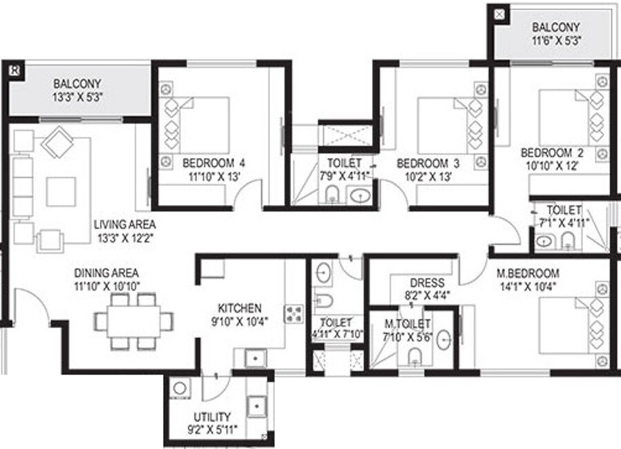 Floor plan of 4 BHK 2172 Sq. Ft. Apartment in Paranjape Wind Fields, Bangalore