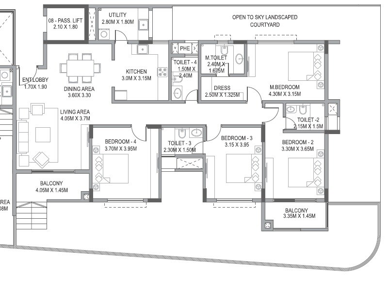 Floor plan of 4 BHK 1740 Sq. Ft. Apartment in Paranjape Wind Fields, Bangalore