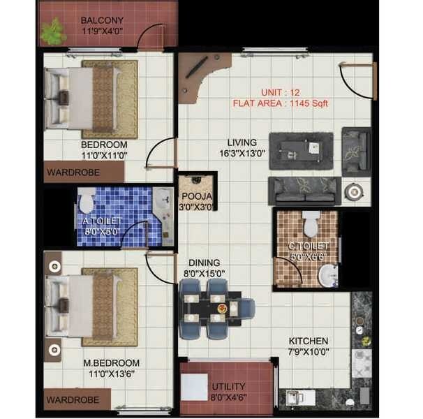 Floor plan of 2 BHK 1145 Sq. Ft. Apartment in Pariwar Passion, Bangalore