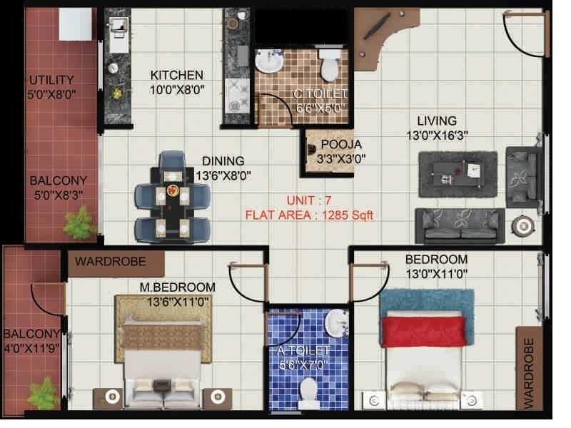 Floor plan of 2 BHK 1285 Sq. Ft. Apartment in Pariwar Passion, Bangalore
