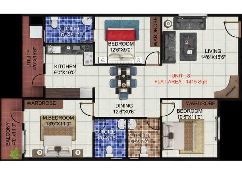 Floor plan of 3 BHK 1415 Sq. Ft. Apartment in Pariwar Passion, Bangalore