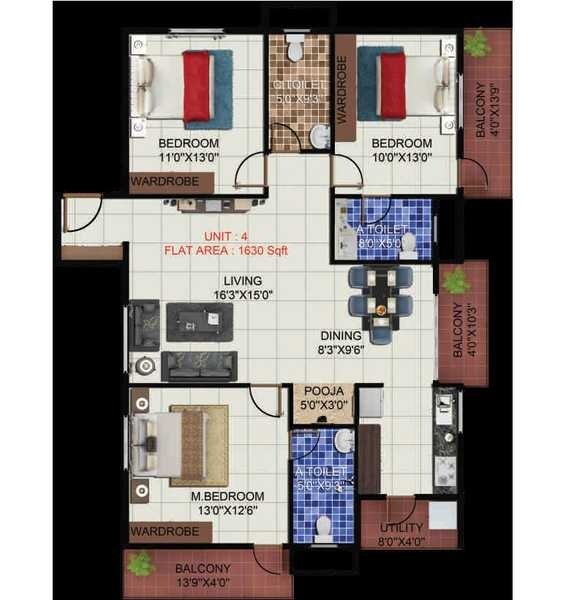 Floor plan of 3 BHK 1630 Sq. Ft. Apartment in Pariwar Passion, Bangalore