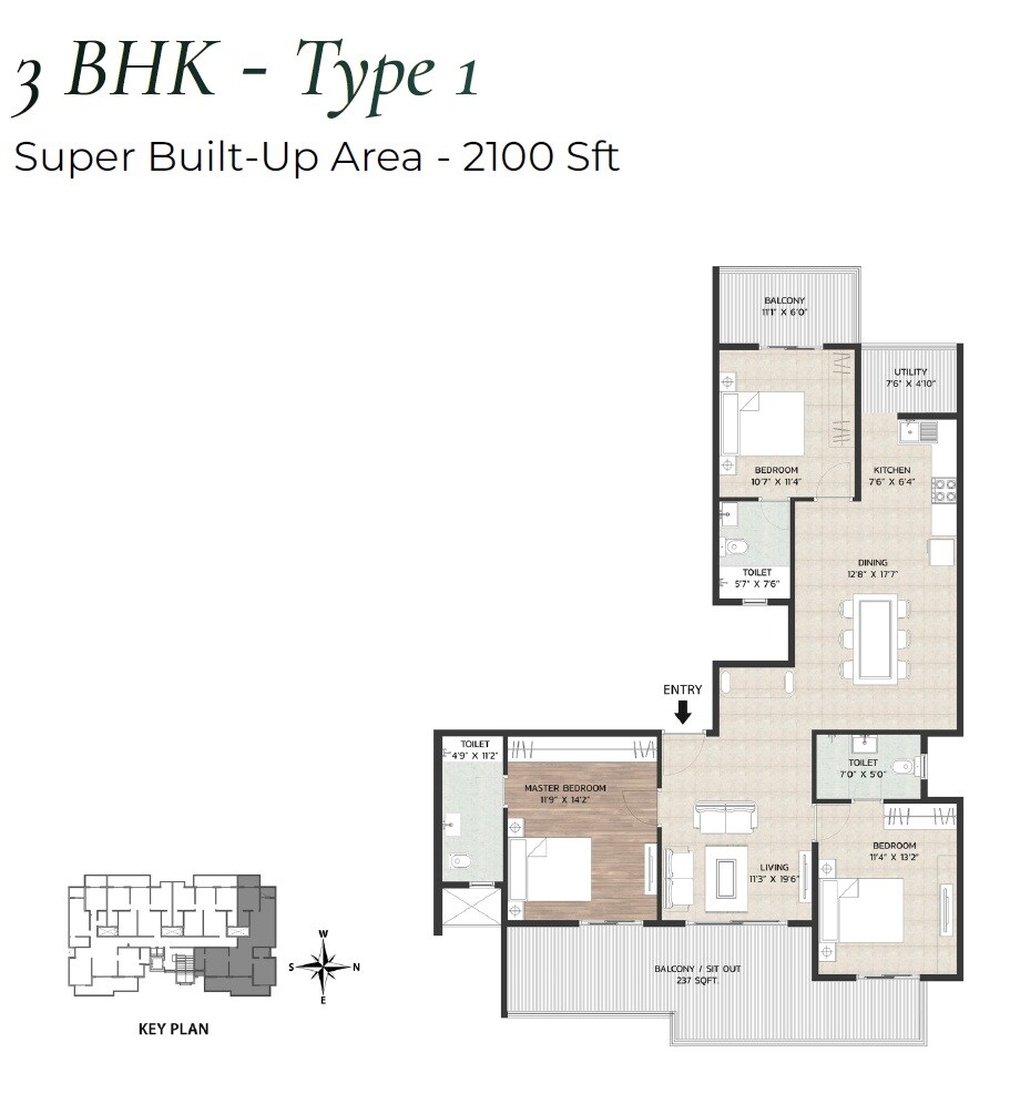 Floor plan of 3 BHK 2100 Sq. Ft. Apartment in Gardenia Residences by Parth Group, Bangalore
