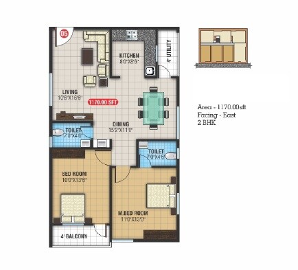 Floor plan of 2 BHK 1170 Sq. Ft. Apartment in Parthu Hallmark, Bangalore