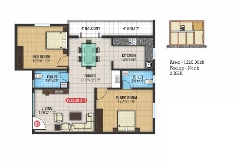 Floor plan of 2 BHK 1220 Sq. Ft. Apartment in Parthu Hallmark, Bangalore