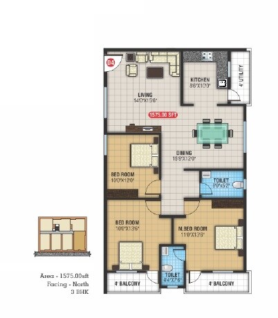 Floor plan of 3 BHK 1575 Sq. Ft. Apartment in Parthu Hallmark, Bangalore