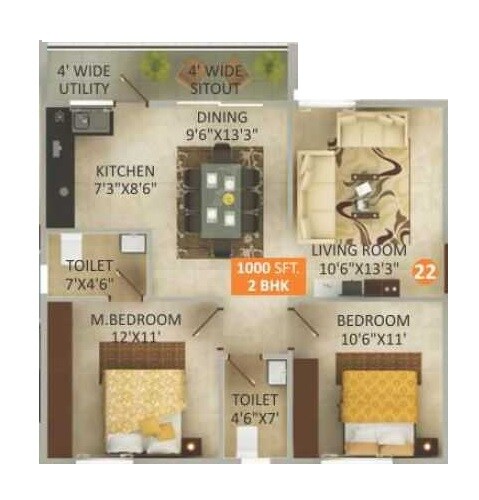 Floor plan of 2 BHK 1000 Sq. Ft. Apartment in Parthu Pride, Bangalore