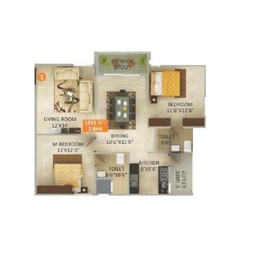 Floor plan of 2 BHK 1215 Sq. Ft. Apartment in Parthu Pride, Bangalore