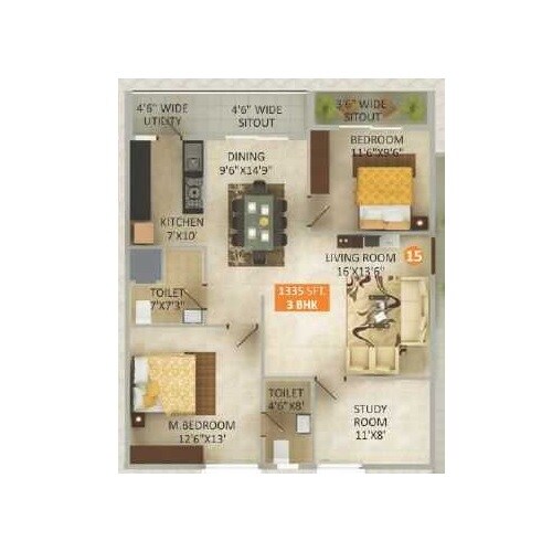 Floor plan of 3 BHK 1335 Sq. Ft. Apartment in Parthu Pride, Bangalore