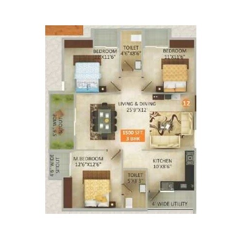 Floor plan of 3 BHK 1500 Sq. Ft. Apartment in Parthu Pride, Bangalore