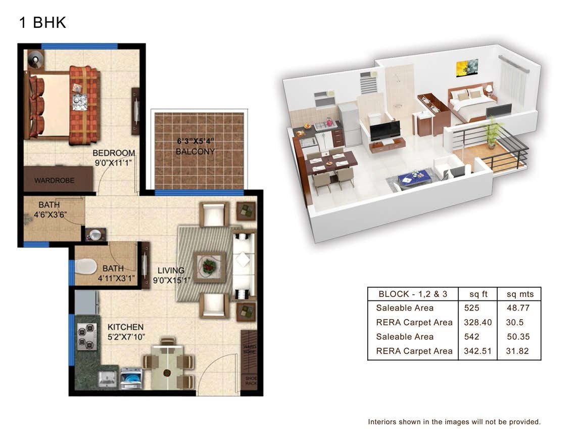 Floor plan of 1 BHK 525 Sq. Ft. Apartment in Pashmina Brookwoods, Bangalore