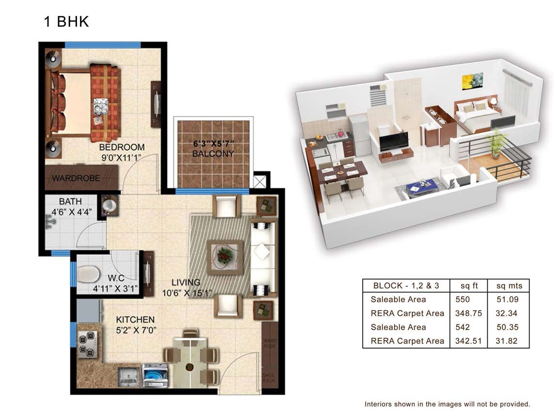 Floor plan of 1 BHK 550 Sq. Ft. Apartment in Pashmina Brookwoods, Bangalore