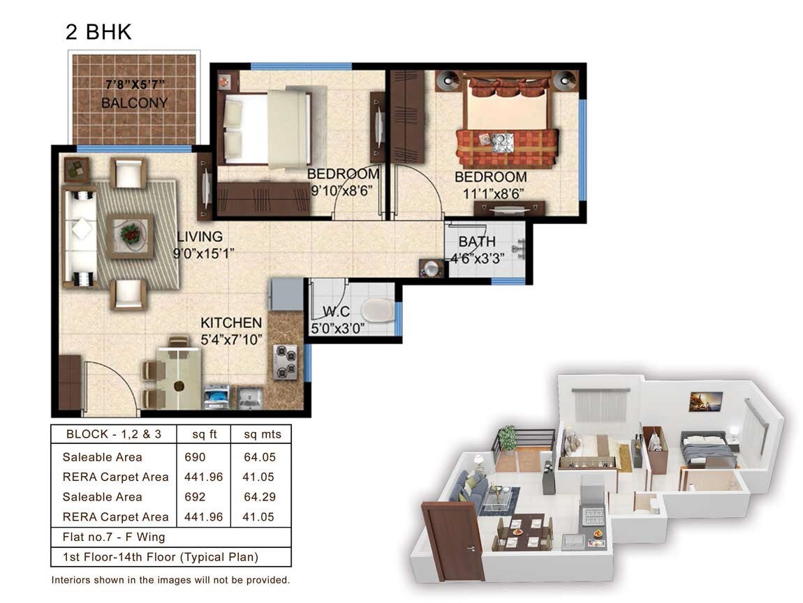 Floor plan of 2 BHK 690 Sq. Ft. Apartment in Pashmina Brookwoods, Bangalore