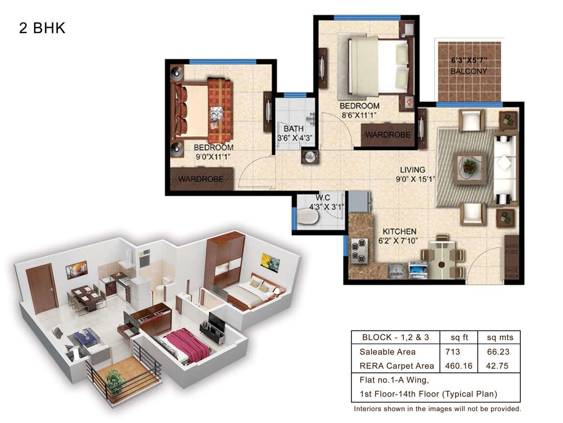 Floor plan of 2 BHK 713 Sq. Ft. Apartment in Pashmina Brookwoods, Bangalore