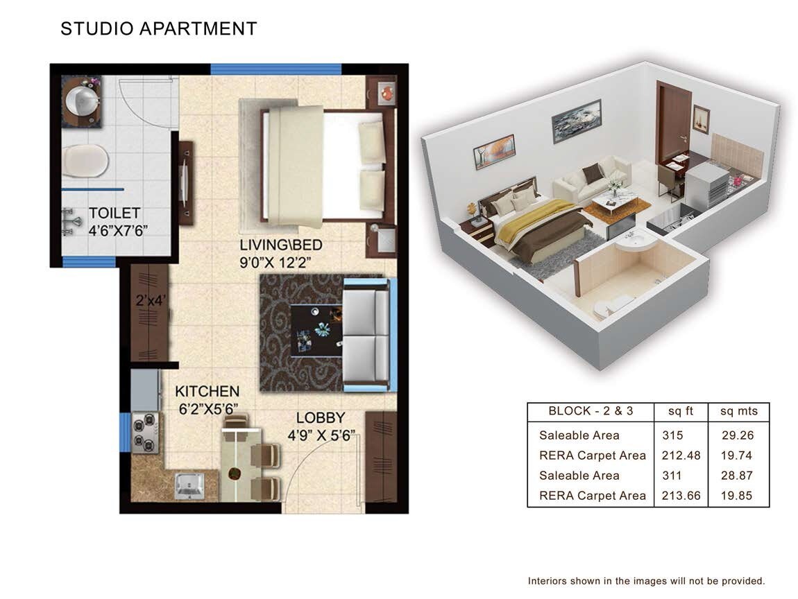 Floor plan of 315 Sq. Ft. Studio in Pashmina Brookwoods, Bangalore