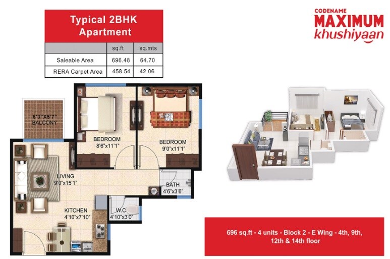 Floor plan of 2 BHK Apartment - 696 sq. ft. in Pashmina Codename Maximum Khushiyaan, Bangalore