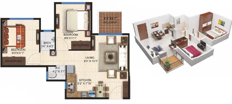 Floor plan of 2 BHK Apartment - 713 sq. ft. in Pashmina Codename Maximum Khushiyaan, Bangalore
