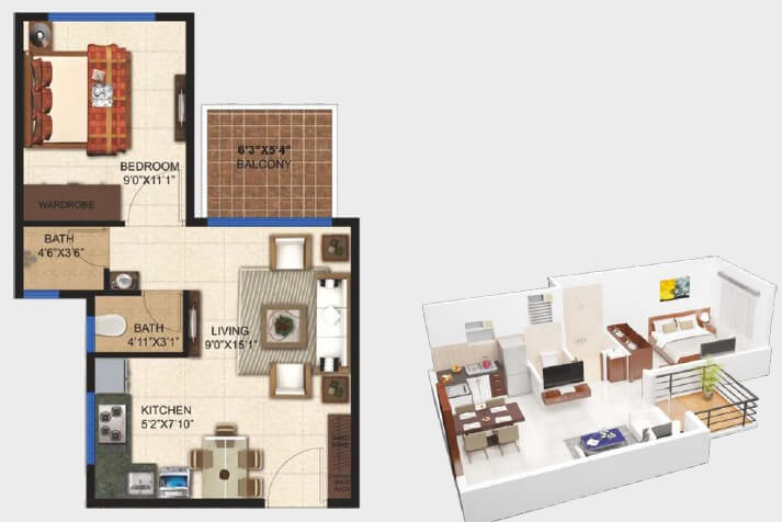 Floor plan of 1 BHK 525 Sq. Ft. Apartment in Pashmina Lagoon Residences, Bangalore