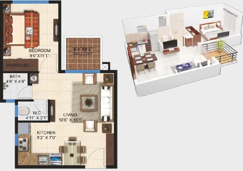 Floor plan of 1 BHK 550 Sq. Ft. Apartment in Pashmina Lagoon Residences, Bangalore