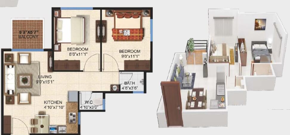 Floor plan of 2 BHK 696 Sq. Ft. Apartment in Pashmina Lagoon Residences, Bangalore