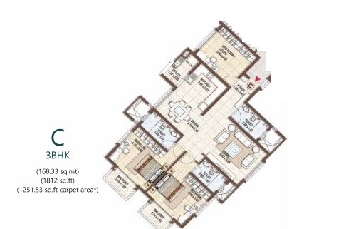 Floor plan of 3 BHK 1812 Sq. Ft. Apartment in Pashmina Waterfront, Bangalore