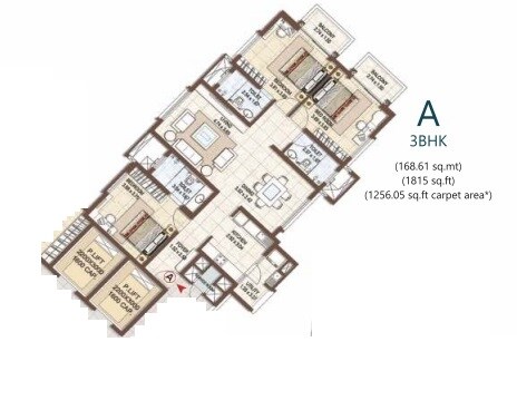 Floor plan of 3 BHK 1815 Sq. Ft. Apartment in Pashmina Waterfront, Bangalore
