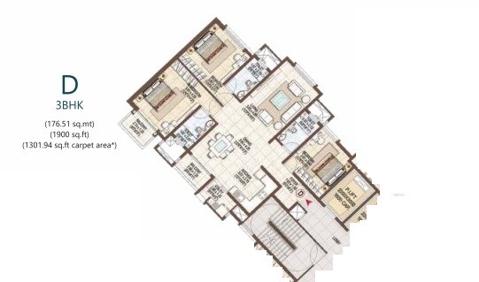 Floor plan of 3 BHK 1900 Sq. Ft. Apartment in Pashmina Waterfront, Bangalore