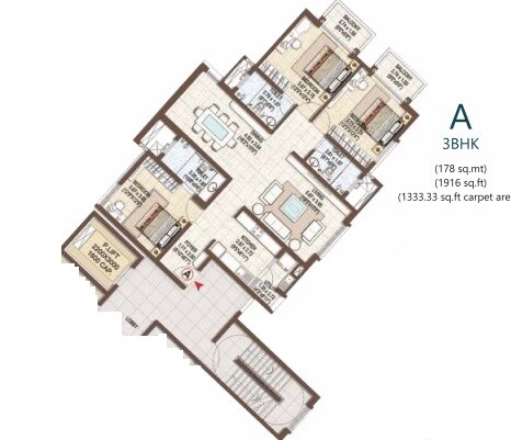 Floor plan of 3 BHK 1916 Sq. Ft. Apartment in Pashmina Waterfront, Bangalore