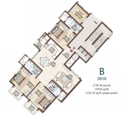 Floor plan of 3 BHK 1918 Sq. Ft. Apartment in Pashmina Waterfront, Bangalore