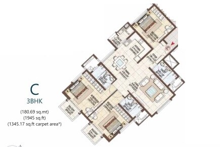 Floor plan of 3 BHK 1945 Sq. Ft. Apartment in Pashmina Waterfront, Bangalore