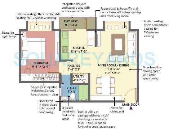 Floor plan of 1 BHK 675 Sq. Ft. Apartment in Patel Smondo 2, Bangalore