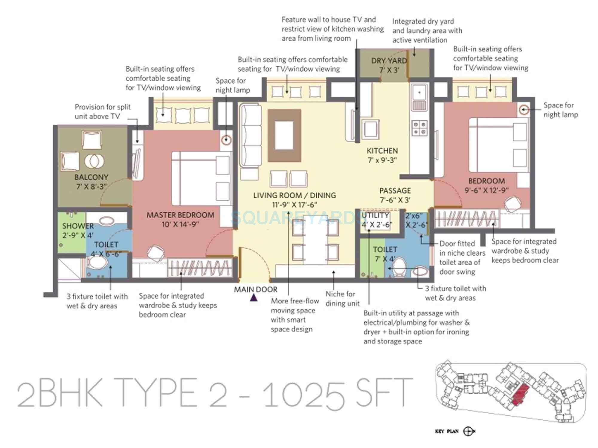 Floor plan of 2 BHK 1025 Sq. Ft. Apartment in Patel Smondo 2, Bangalore