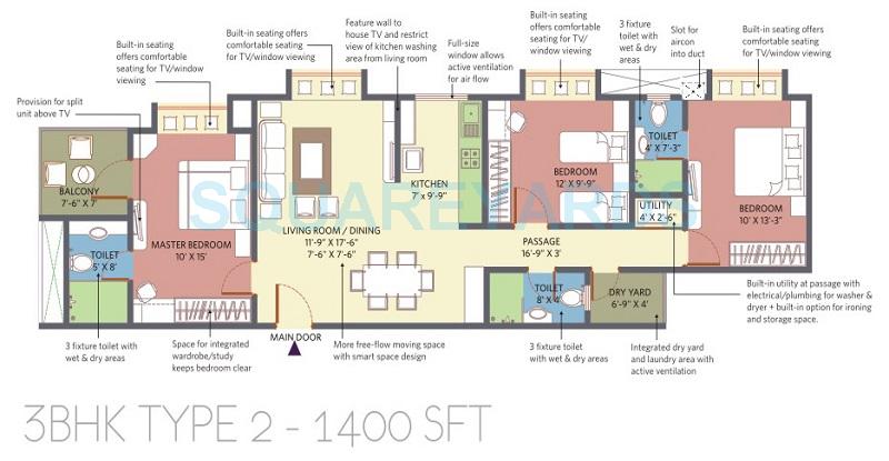 Floor plan of 3 BHK 1400 Sq. Ft. Apartment in Patel Smondo 2, Bangalore