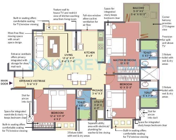 Floor plan of 3 BHK 1460 Sq. Ft. Apartment in Patel Smondo 2, Bangalore