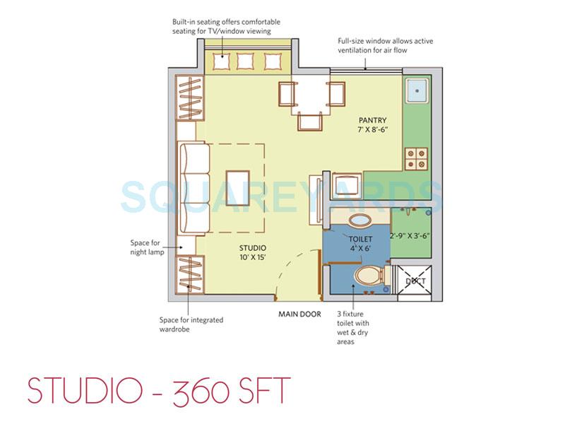 Floor plan of 1 BHK 360 Sq. Ft. Apartment in Patel Smondo 3, Bangalore
