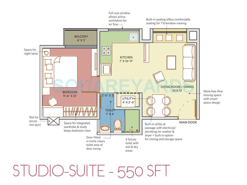 Floor plan of 1 BHK 550 Sq. Ft. Apartment in Patel Smondo 3, Bangalore