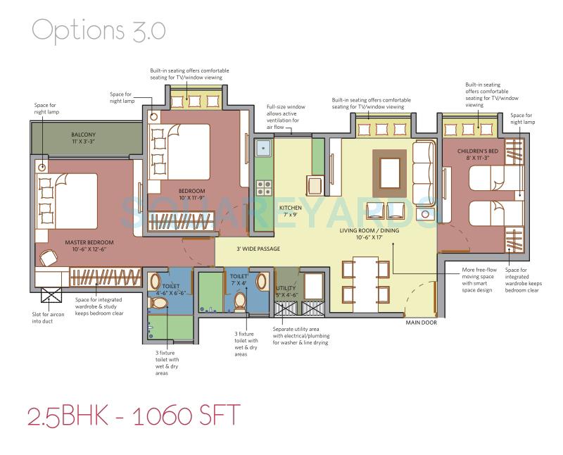 Floor plan of 2 BHK 1060 Sq. Ft. Apartment in Patel Smondo 3, Bangalore