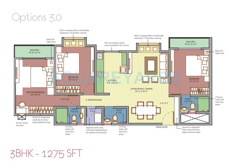 Floor plan of 3 BHK 1275 Sq. Ft. Apartment in Patel Smondo 3, Bangalore