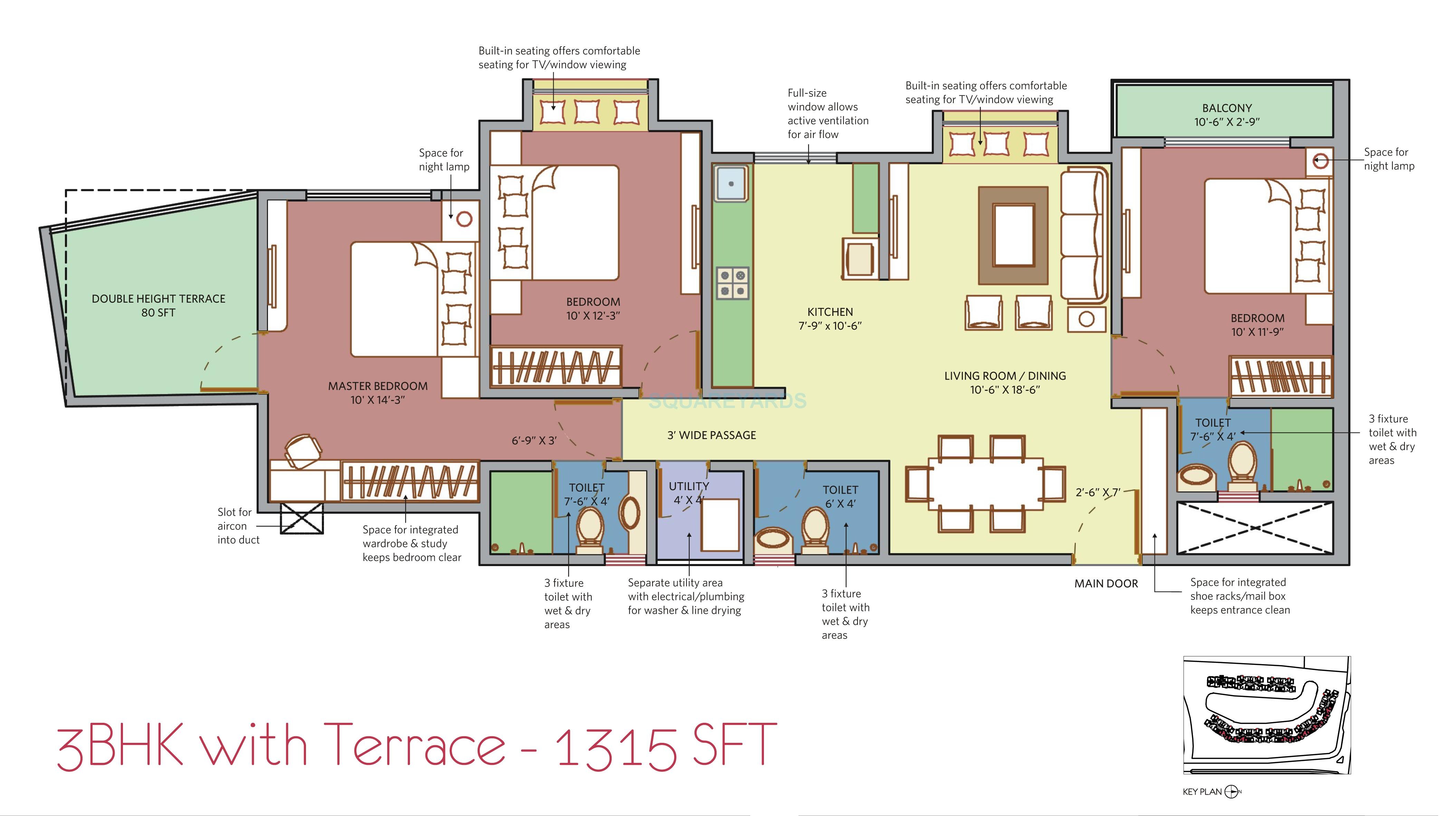Floor plan of 3 BHK 1315 Sq. Ft. Apartment in Patel Smondo 3, Bangalore