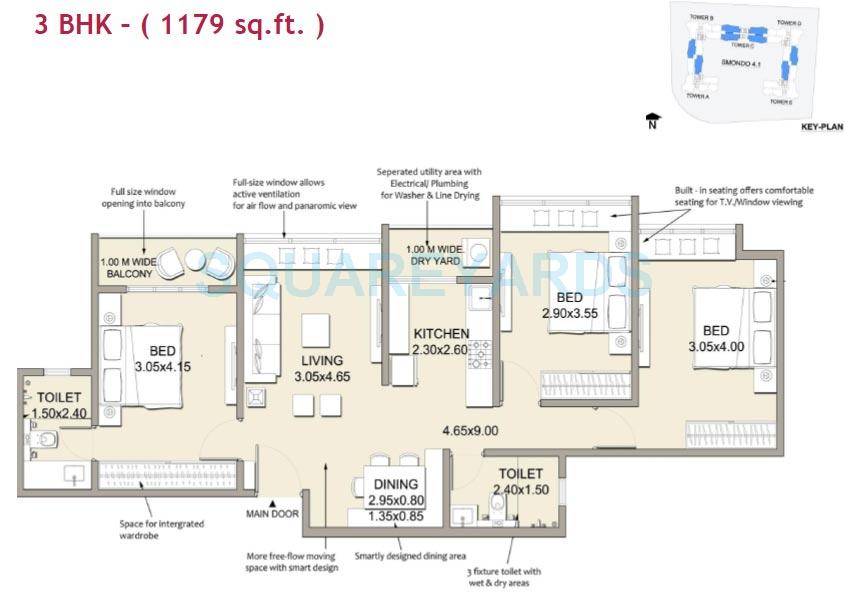 Floor plan of 3 BHK 1179 Sq. Ft. Apartment in Patel Smondo 4, Bangalore