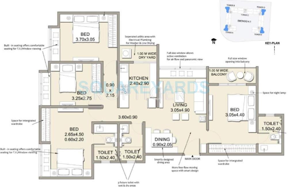 Floor plan of 4 BHK 1360 Sq. Ft. Apartment in Patel Smondo 4, Bangalore