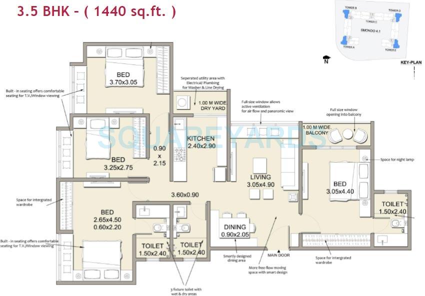 Floor plan of 3 BHK 1440 Sq. Ft. Apartment in Patel Smondo 4, Bangalore